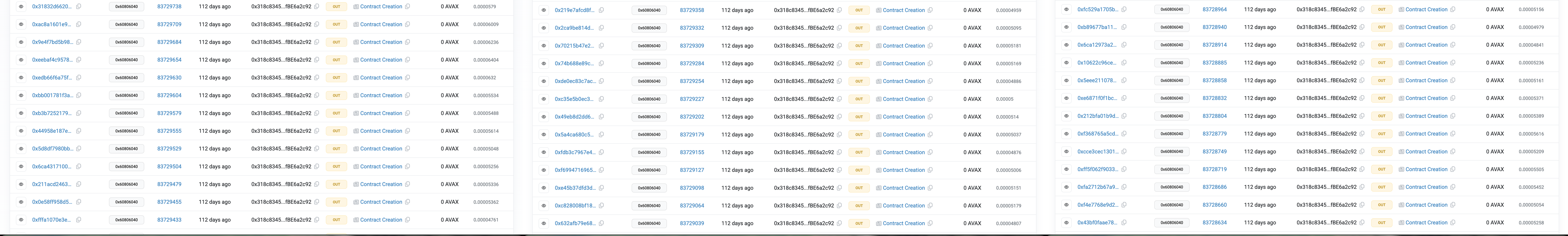 Snowscan Contract Creations tab for a deployer wallet — a long list of deployed pipeline contracts.